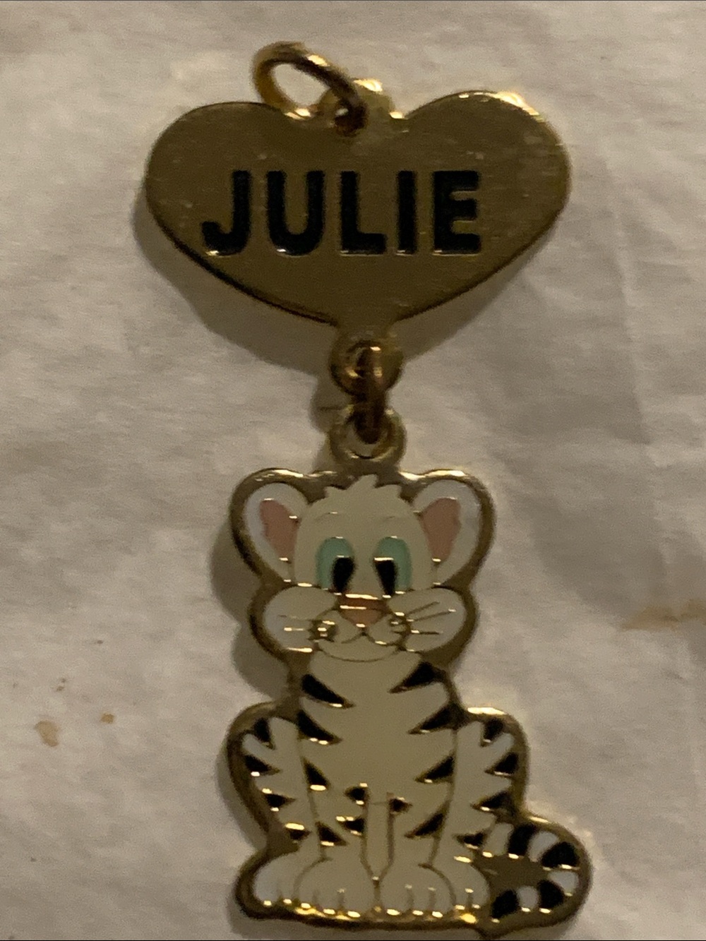 Vintage Gold tone Tiger or Cat  Charm Pendant - White Enamel Tiger or Cat